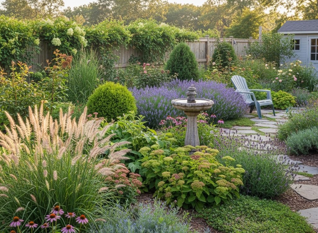 Low-maintenance garden plants thriving in a Buffalo backyard landscape