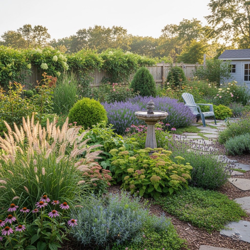 Low-maintenance garden plants thriving in a Buffalo backyard landscape