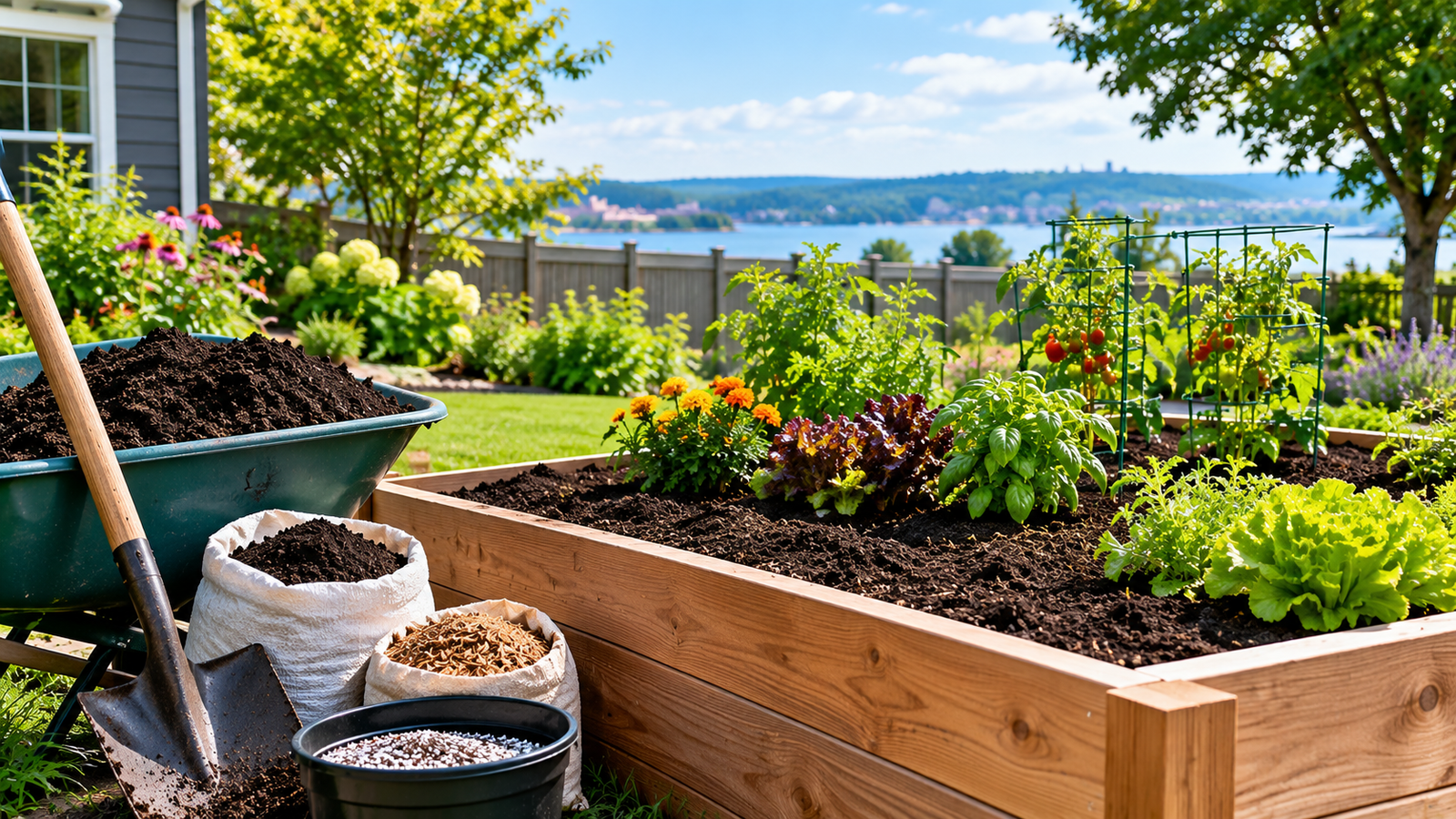 Rich garden soil and compost prepared for filling a raised garden bed in Western New York